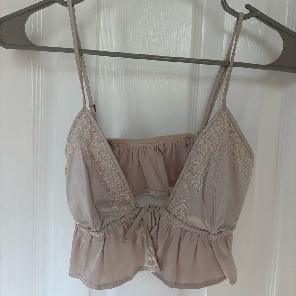 Aerie Lace Trimmed Crop Top in Soft Champagne